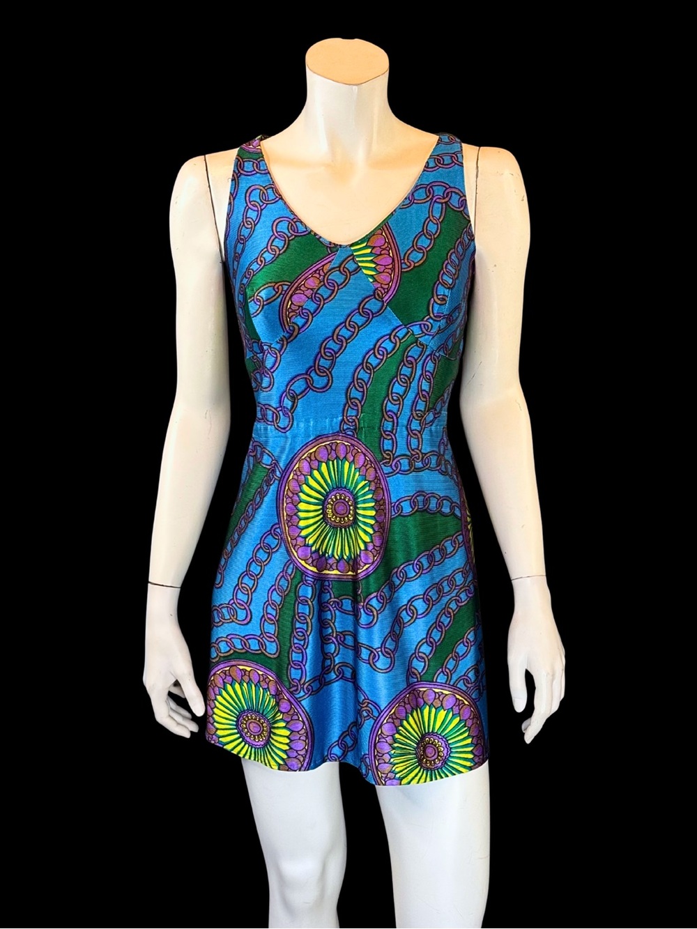 1970s Psychedelic Floral Medallion & Chain Print Mod Sleeveless Mini Dress |  XS
